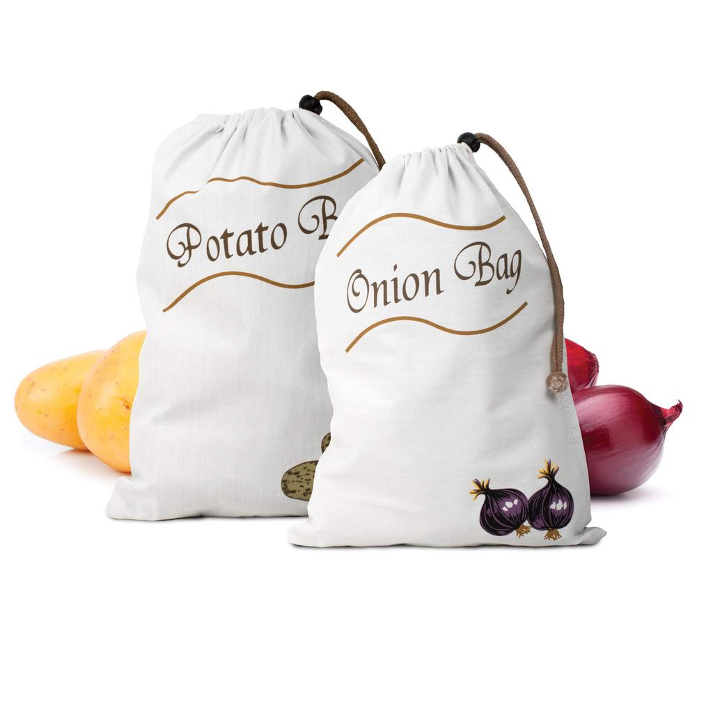 HIC Kitchen Reusable Potato and Onion Saver Bag Set with Set of 2 Drawstring,