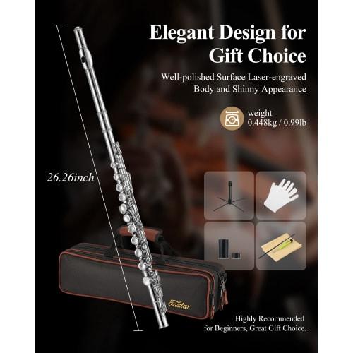 Eastar Flute, 16-Hole, Covered Keys, E Mechanism, Offset, Nickel-Plated, with Stand and Case, Beginner's Set (Silver), Perfect for School Openings
