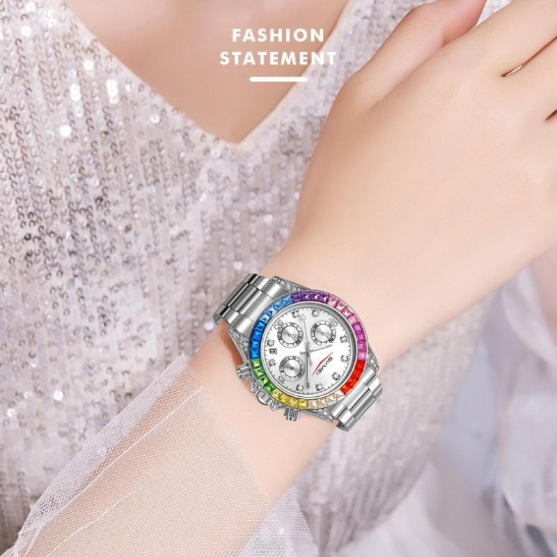 Skmei Fashion Womens Sports Watches Stainless Steel Day Date Watch Ladies Luxury Colored Diamonds Calendar Quartz Wristwatch