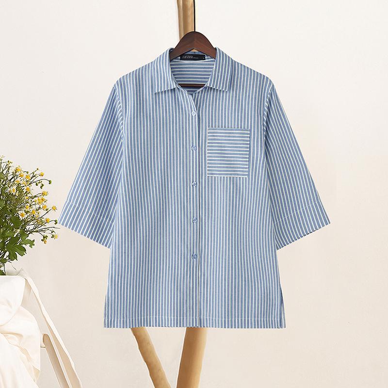 ZANZEA Women Casual Turn Down Collar Loose 3/4 Sleeve Stripe Blouse