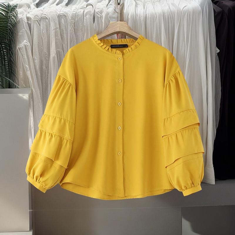 

ZANZEA Женские летние рубашки с круглым вырезом и длинными рукавами-фонариками и оборками 4XL жёлтый