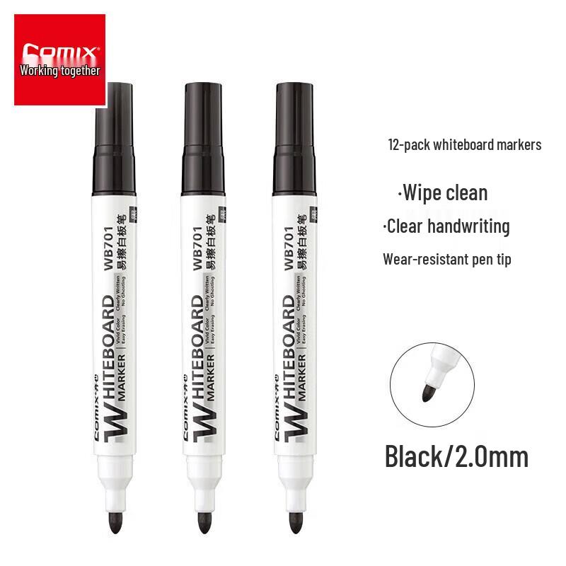 Comix WB701 Erasable Whiteboard Markers - Broad Tip, Black (24-Pack)