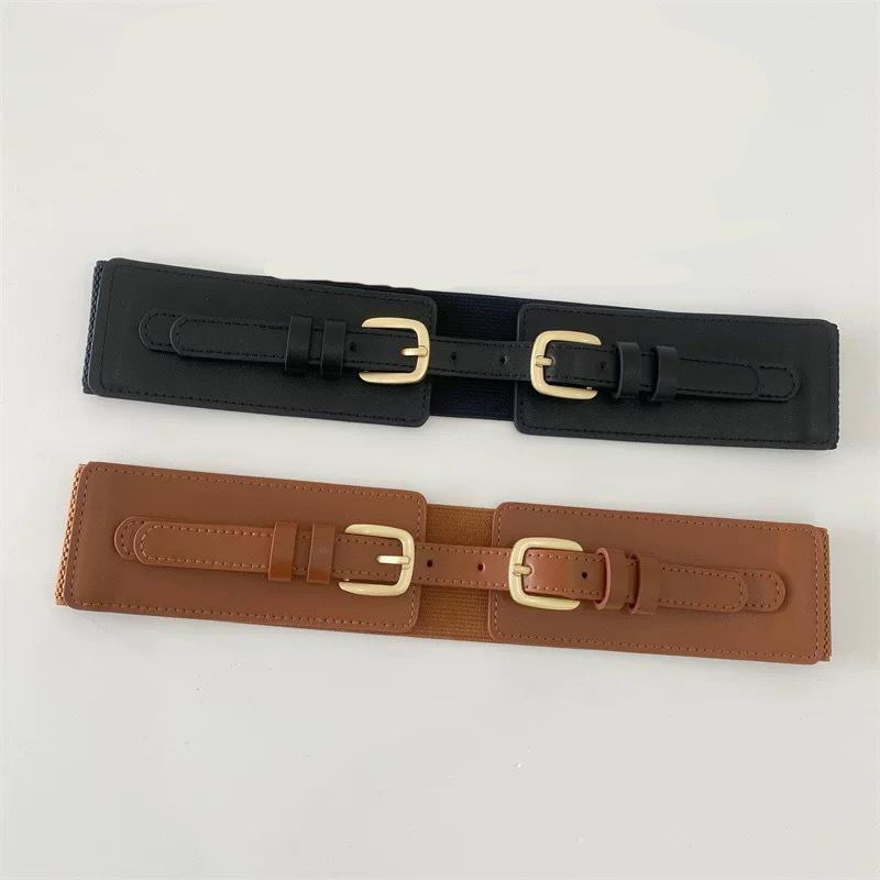 High-end Double-buckle Head Belt for Women's Decoration with Skirt Elastic Elastic and Slender Waist Seal Versatile External Waist Belt
