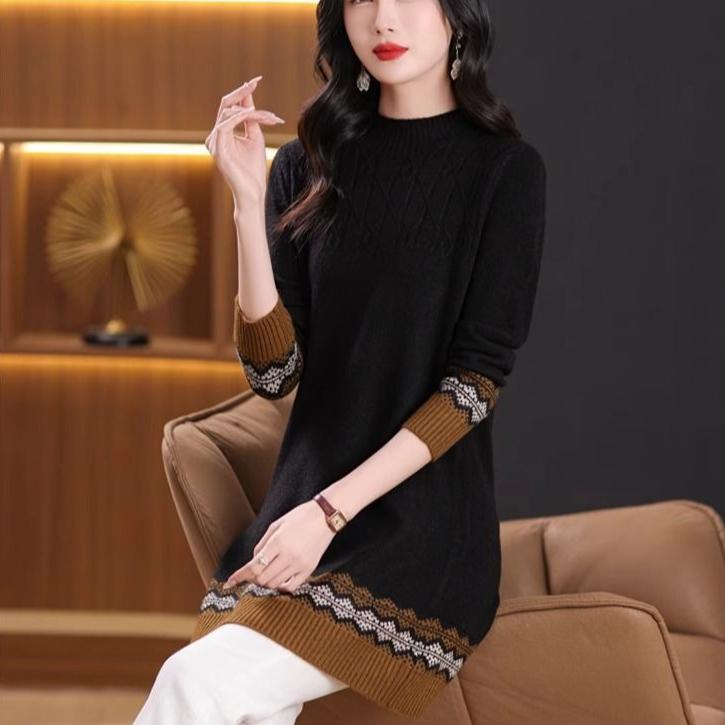 Half Turtleneck Knitted Sweater Women's Color Block Loose Mid-length Sweater Knitted Sweater Long-sleeved Casual Pullover Autumn and Winter Top