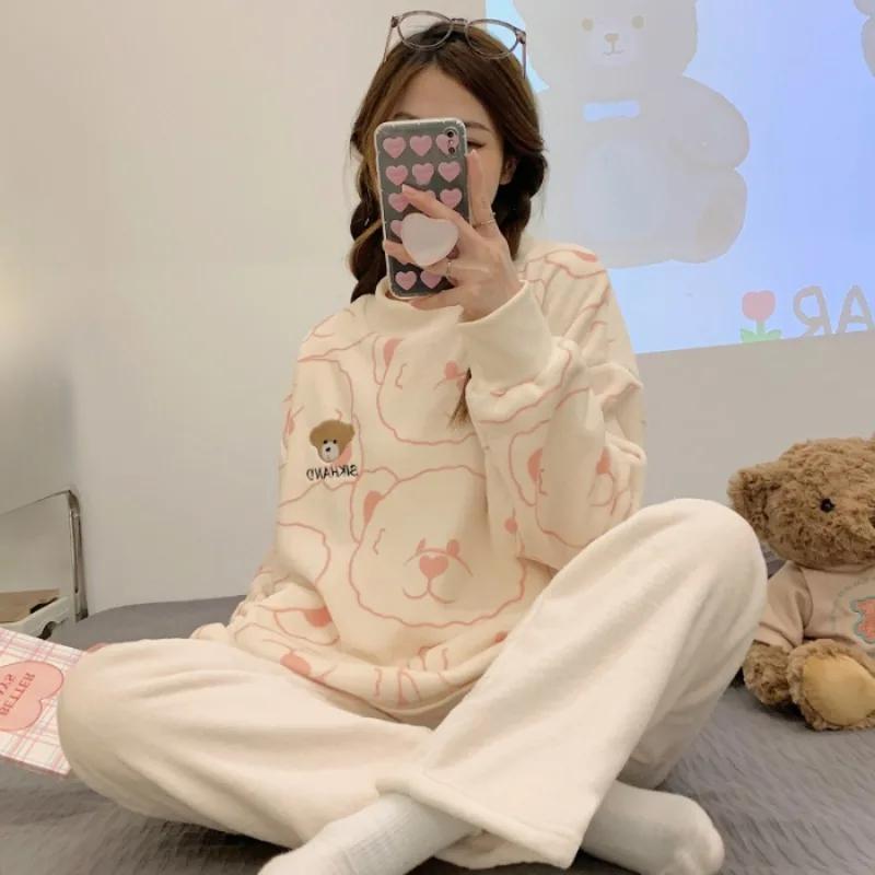 Autumn New Warm Round NeckLong Sleeve 2 Piece Outfit Set Women Plush Home Clothes for Women Cute Printing Pajamas for Girls