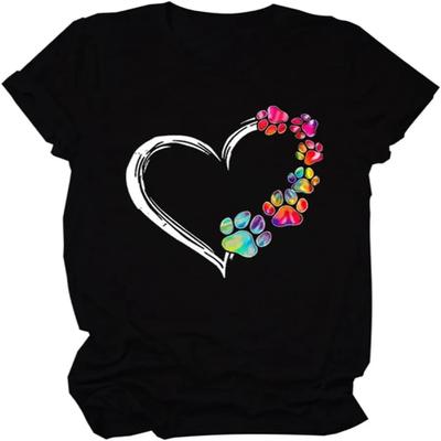 Dog Mom Shirt Cute Paw Print Shirts for Women Heart Pinted Graphic Tees Valentines Day T Shirt Short Sleeve Tops