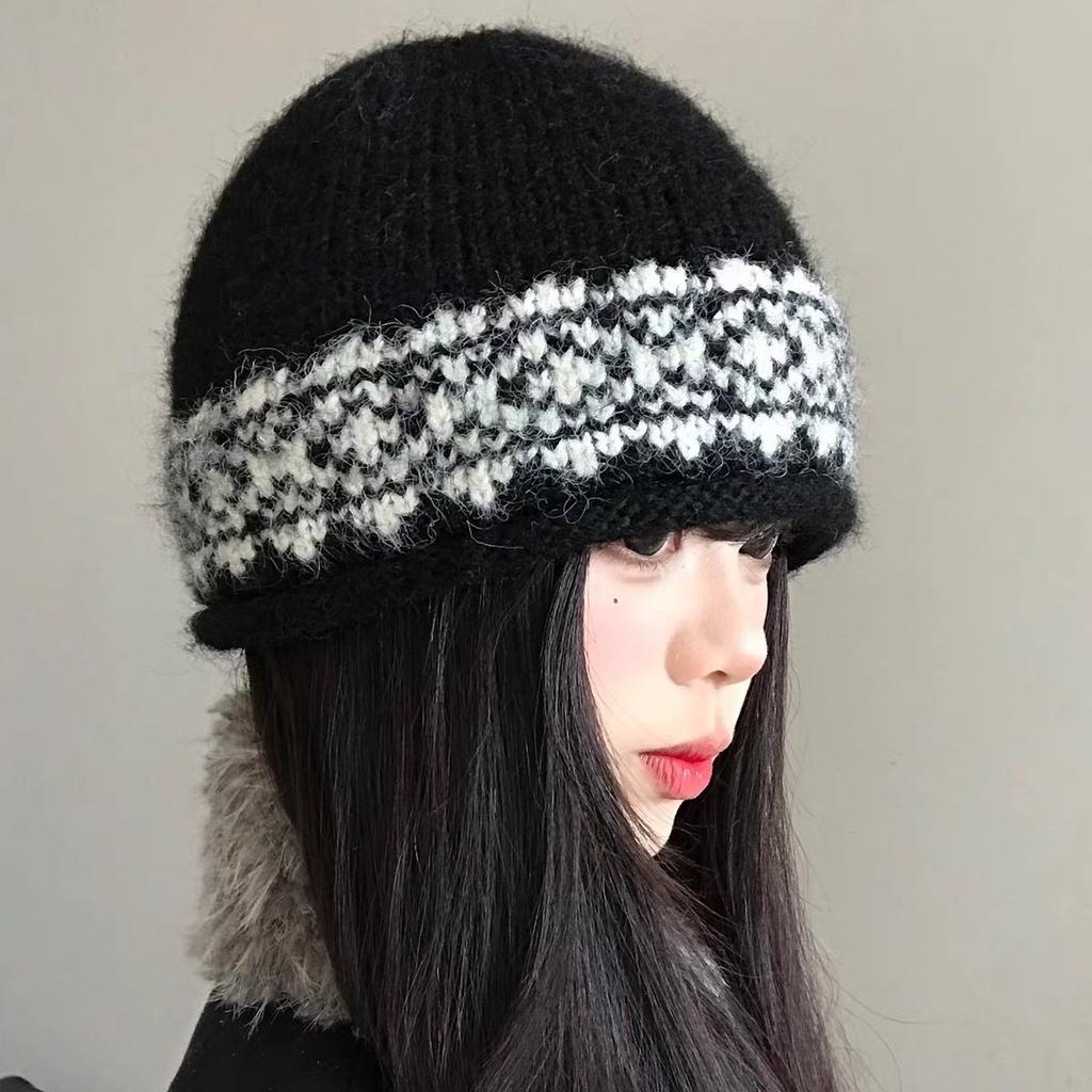 Fair Island Wool Knitted Hat Women's Autumn and Winter Hat Big Head Circumference Retro Warm Cold Hat Lazy Wind