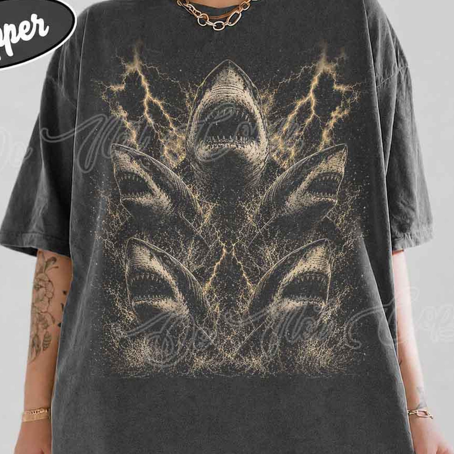 Vintage Lightning Shark Shirt, Great White Shark Graphic Tee, Ocean Predator Shirt, Retro Marine Animal Tee, Grunge Shark Shirt S
