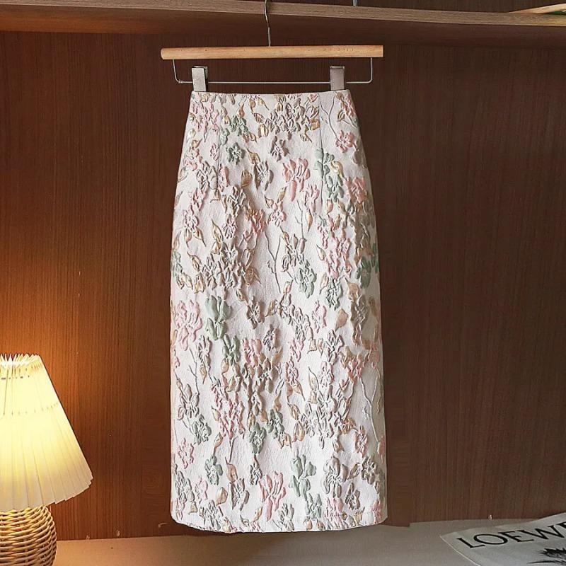 

Women Autumn High Waist Floral Textured Midi Skirt Bodycon Pencil Skirt S абрикосовый