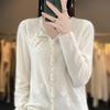 Women's 100% Pure Wool Embroidered Cardigan - Soft, Loose, Solid Color Knit Sweater for Autumn and Winter.