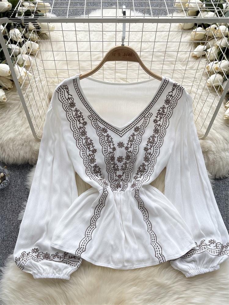 

Весенняя свободная блузка с цветочной вышивкой, элегантный богемный дизайн, женская модная летняя повседневная рубашка с длинными рукавами One Size белый