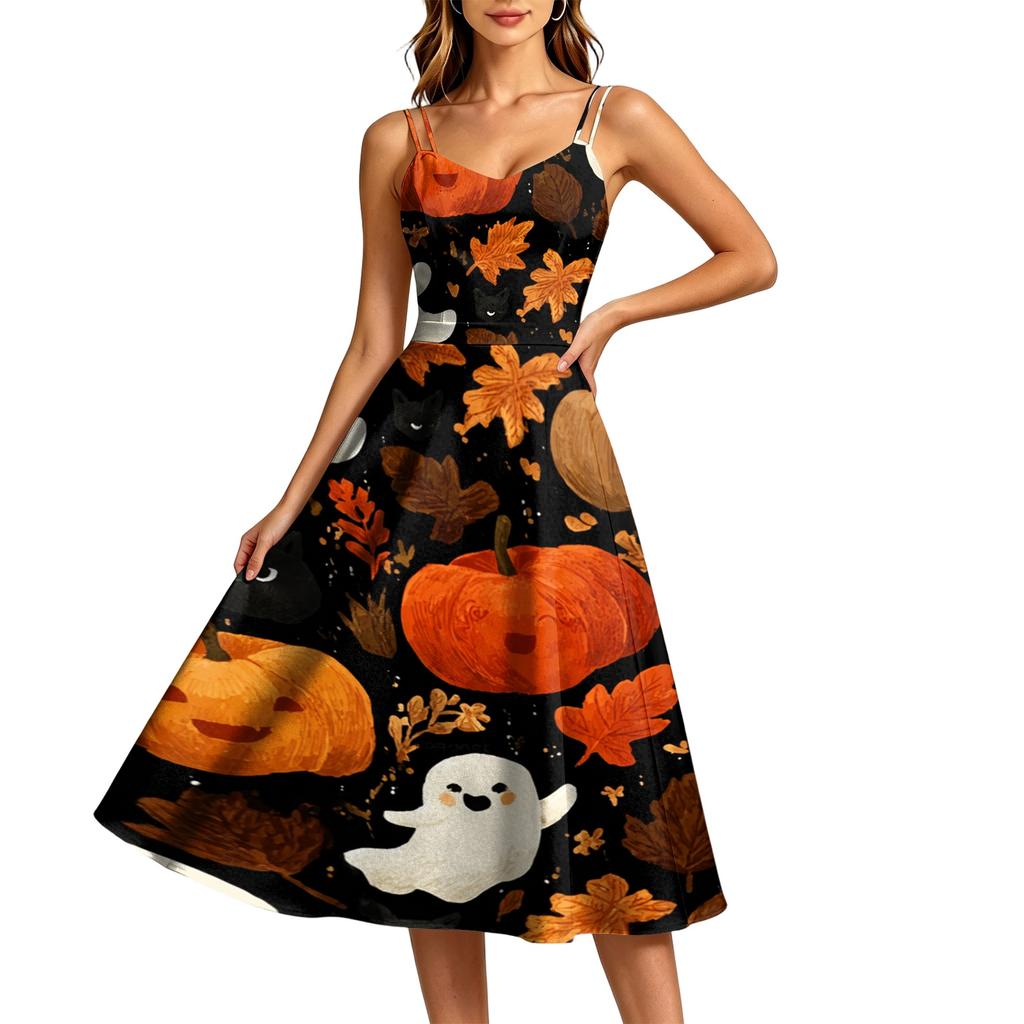 Women's Casual Round Neck Sleeveless Dress with Halloween Print for Party and Daily Wear