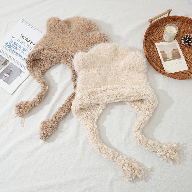 Sweet and Cute Bear Ear Plush Warm Hat Winter Outdoor Plus Velvet Thickened Cold Hat Big Head Flange Hat
