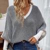 Womens Striped V-Neck Batwing Sleeve Loose Knit Sweater Winter Casual Pullover Top