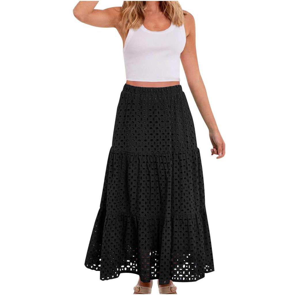 Damen Mode Farbe Bohemian Hohl Hohe Taille A-Linie Tasche Lang Lässiger Halber Rock