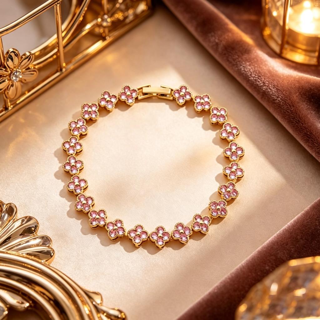 Colorful Zircon Lucky Four-Leaf Flower Bracelet for Women Flower CZ Stone Gold Plated Tennis Bracelet Fragrance Jewelry