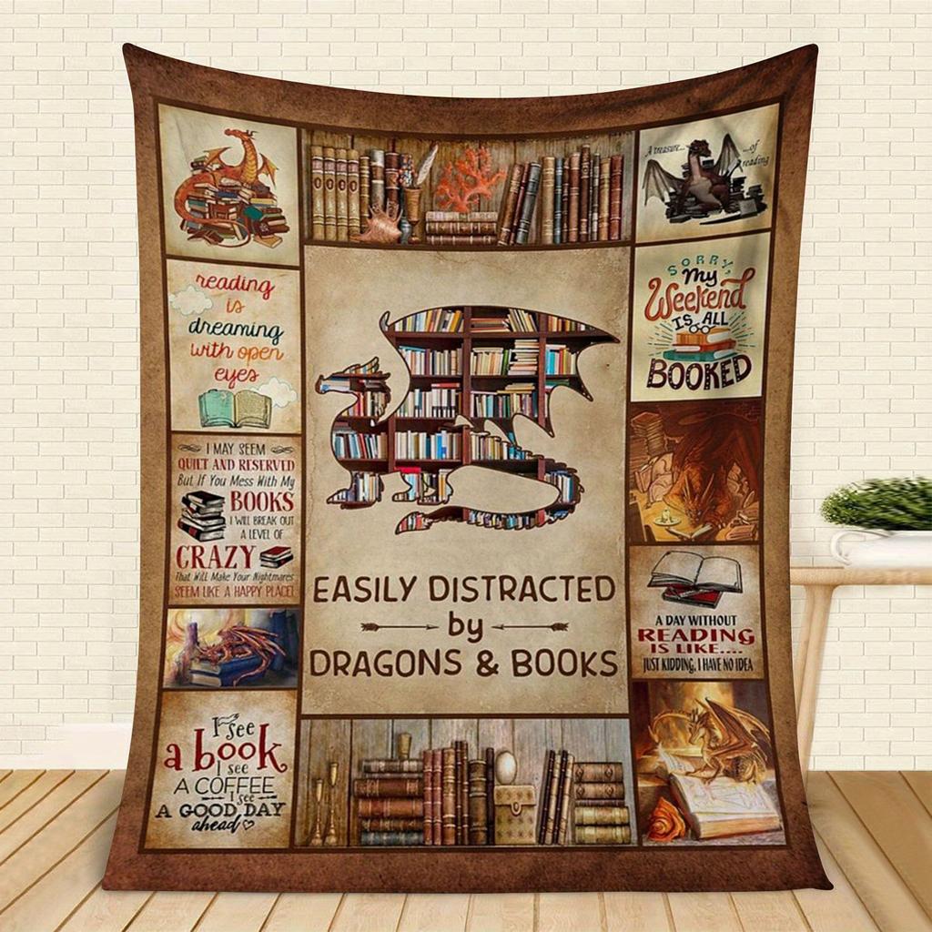 Dragon Book Lover's Flannel Throw - Library Themed Blanket for Sofa/Bed/Travel, Machine Washable Fantasy Decor