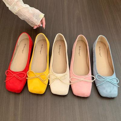 Fashion Square Toe Bowtie Ballet Shoes Ladies Flock Flats Soft Comfy Slip On Loafers Woman Shallow Barefoot Mocasines Femme Brides Shoes