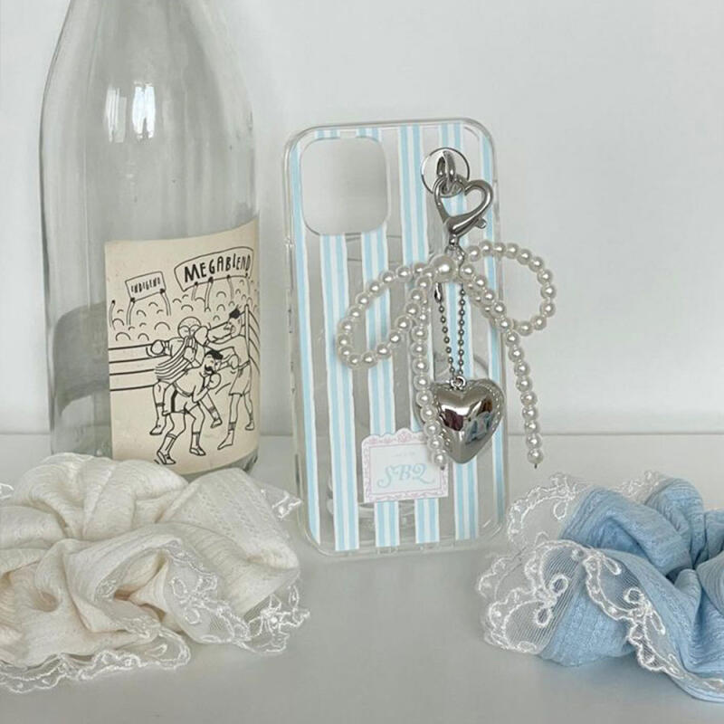 Pearl Heart Ribbon Silver Metal Keychain Heart Pearl Ribbon Keychain