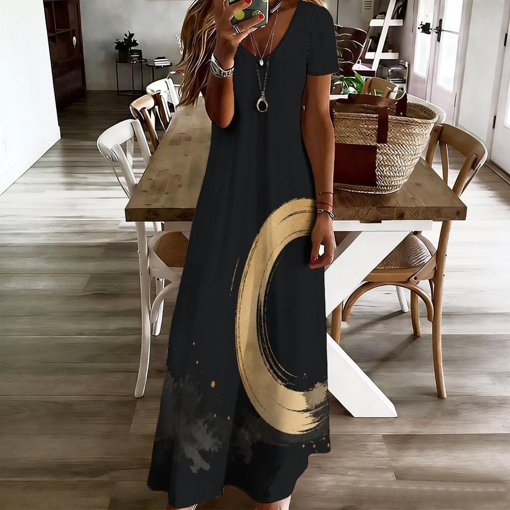 Women Plus Size V Neck Short Sleeve Black Golden Printed Straight Maxi Dress