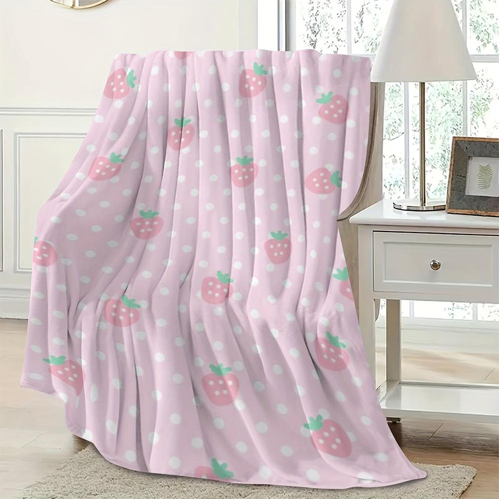 1Pc  Pink Strawberry Polka Dot Flannel Throw Blanket Soft Cozy Cute Kawaii Blanket For Bedroom Living Room Dorm Decor