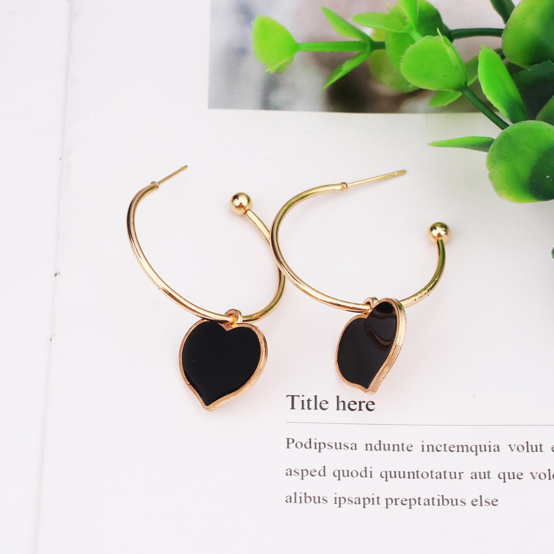 

Black Enamel Oil Heart Drop Earrings for Women Party Statement Zircon Golden Metal Round Geometry C Shape Dangle Earrings