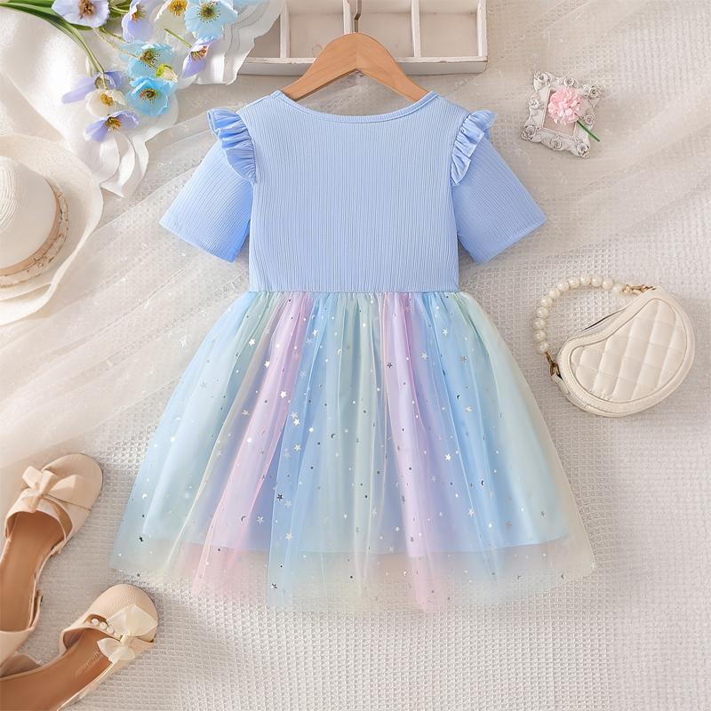 Girls Star Tulle DressCartoon Donut PrintCute Princess Party Dress with Bow, Short Sleeve Summer Dress for Little Girls