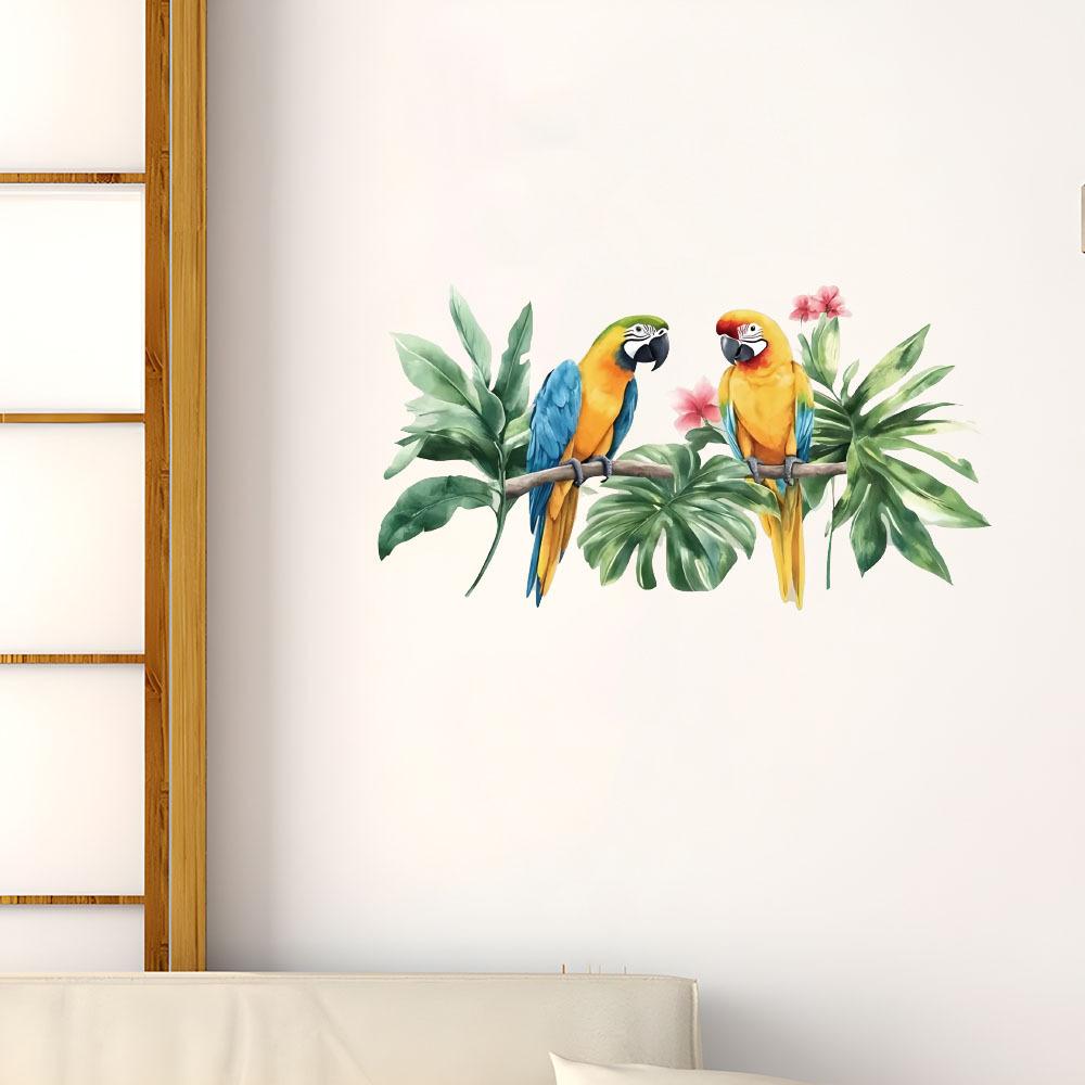 Self-adhesive Watercolor Parrot Branches Leaves Wall Stickers for Living Room Bedroom Entryway Home Decor