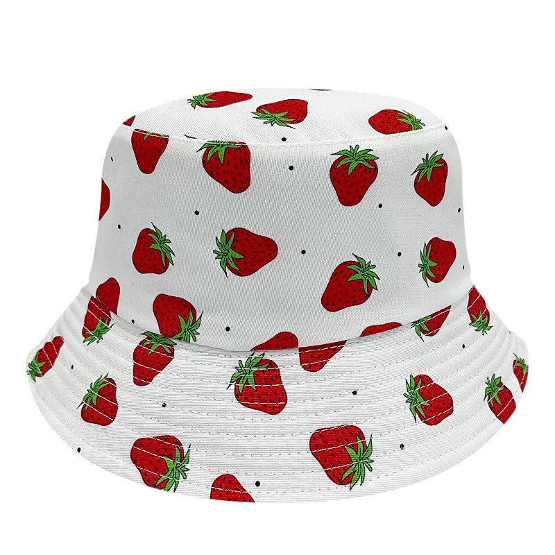 Chapéu de Pescador Criativo de Verão com Estampa de Morango Dupla Face Chapéu de Sol para Praia ao Ar Livre Estilo Coreano Proteção Solar Chapéu de Frutas