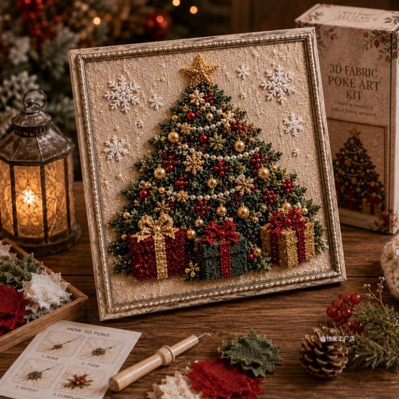 Kit di Poke Art 3D in Tessuto di Natale Vintage con Cornice Estetica Retrò Facile Tutorial per Amanti del Fai da Te Decorazione Natalizia per la Casa