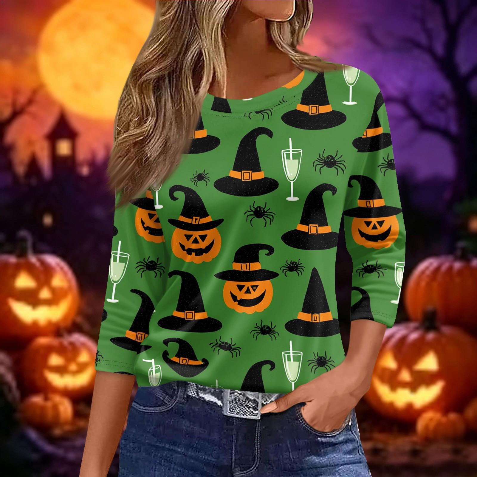 Women s 3/4 Sleeve Neck Loose Fit Casual Halloween Print T-Shirt L