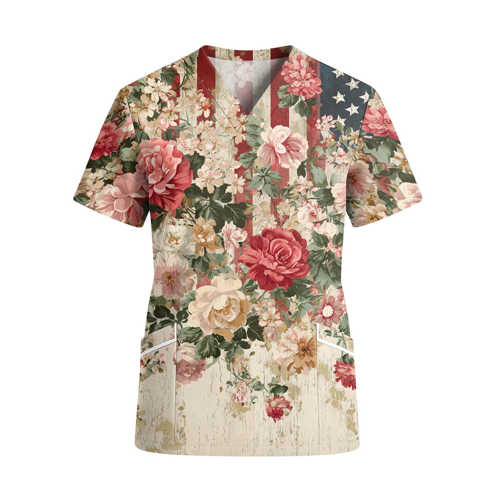 

Women s V Neck Short Sleeve Work Top with Pockets Independence Day Star Print Medical Scrub Shirt for Healthcare Professionals Comfortable Fit L