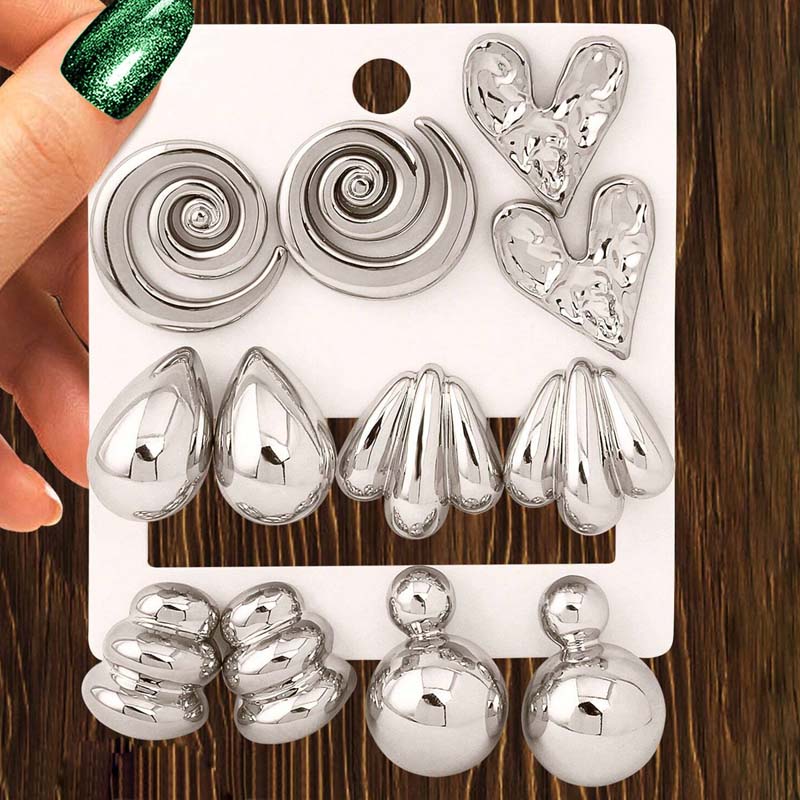 

6Pair Punk Metal Geometric CCB Stud Earrings Fashion Creative Gold Color Water Drop Heart Charm Earrings Party Zircon Gifts медный