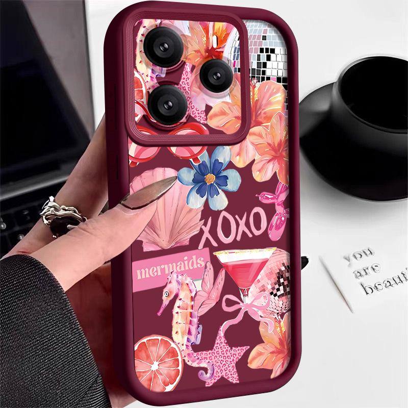 Pink Cartoon Pattern Floral Case For Xiaomi Redmi Note 14 13 Pro 5G 4G 12 11 Funda Xiaomi 14T 13T 11T Pro Shockproof Bumper Silicone Cover
