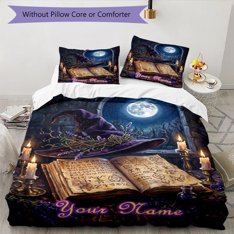 3PC Custom Name Moonlit Spellbook Bedding Set Duvet Cover Closure Includes 1 Duvet Cover & 2 Pillowcases for Bedroom