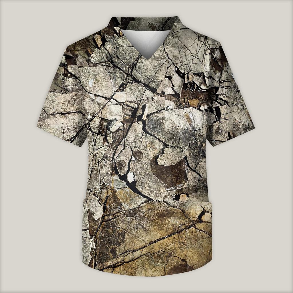 Blusa de trabajo con cuello en V y manga corta estampada para hombre, con bolsillo en el pecho