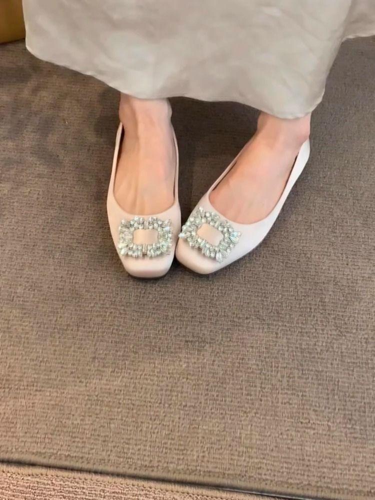 Ladies' Soft Soled Temperament Square Toe, Spring and Autumn Fatigue Flat Shoes, Single Shoes, Evening Style, Diamond Not French Style, Feet, Evening