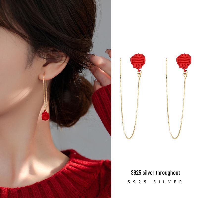 Banyan Tree S925 Silver Heart Knot Festive Long Red New Year Earrings for Women
