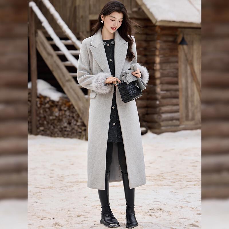 Bailuyu Women's Elegant Slim Fit Double-Breasted Long Wool Coat