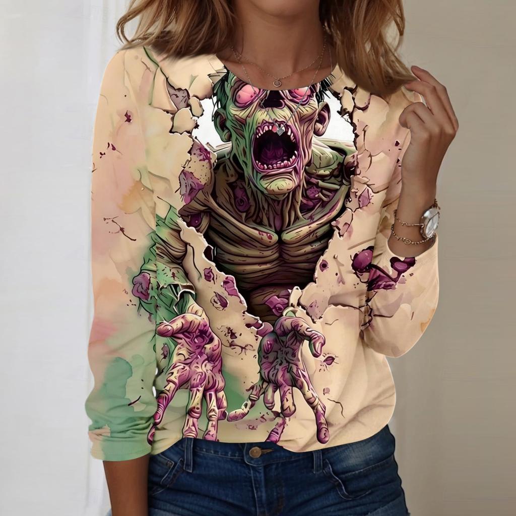 Women's Fashion Casual Long Sleeve Halloween Print Neck T-Shirt for Daily Wear