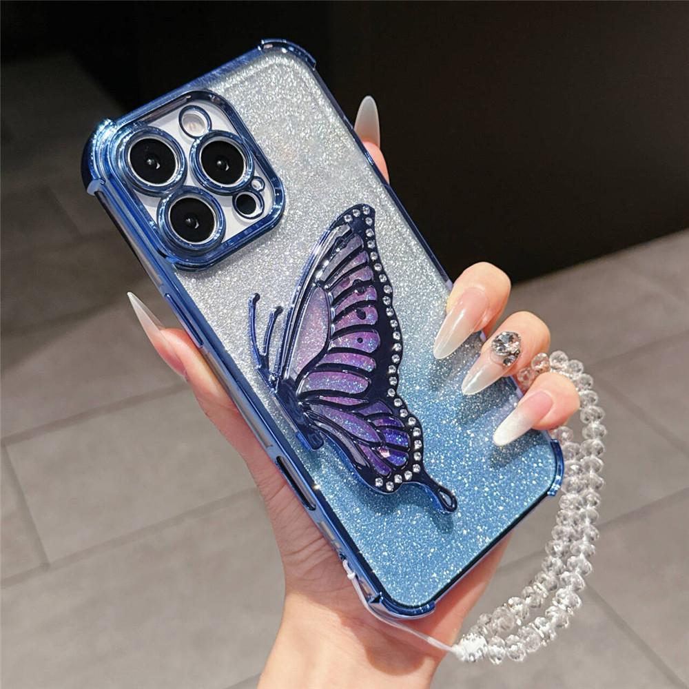 Redmi Note 14 Pro 5G Shockproof Glitter Butterfly Holder Stand Case For Xiaomi Redmi Note 14S 13 14 Pro Plus Crystal Chain Cover