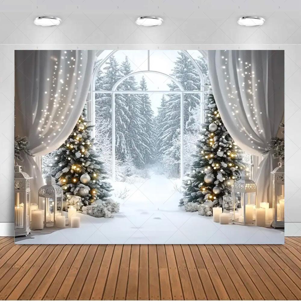 White Christmas Snow Scenery Background Xmas Tree Garland Gifts Photography Backdrop Family Xmas Party Decoration Photo Studio
