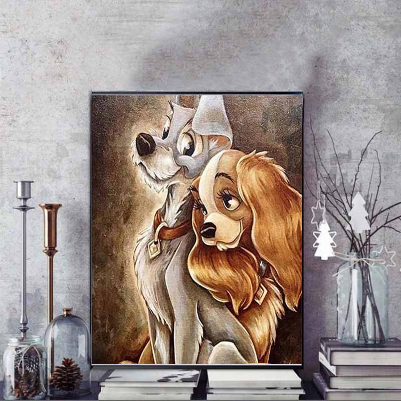 Disney Diamond Painting Lady and The Tramp Healing Illustration In Oil Painting Style 5D Diamond Painting Art Embroidery Cross Stitch Room Decoration