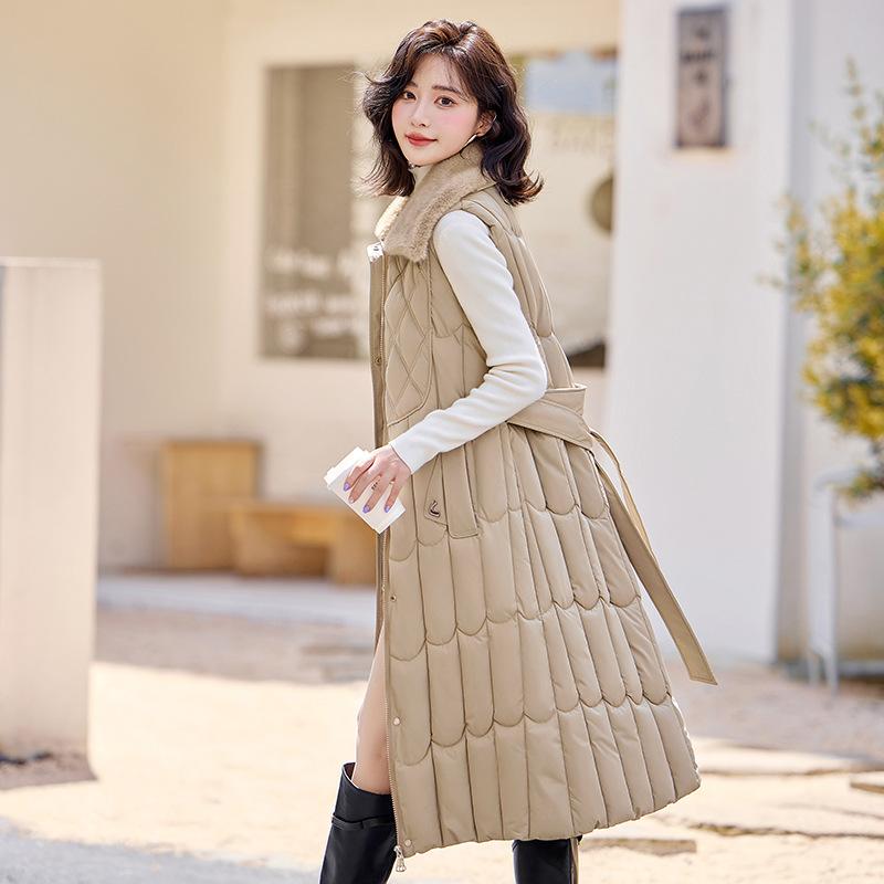 New Women's Lightweight Sleeveless Hair Collar Hooded High Quality Jacket Solid Color Thickened Warm Sports Casual Loose Long Cotton Jacket