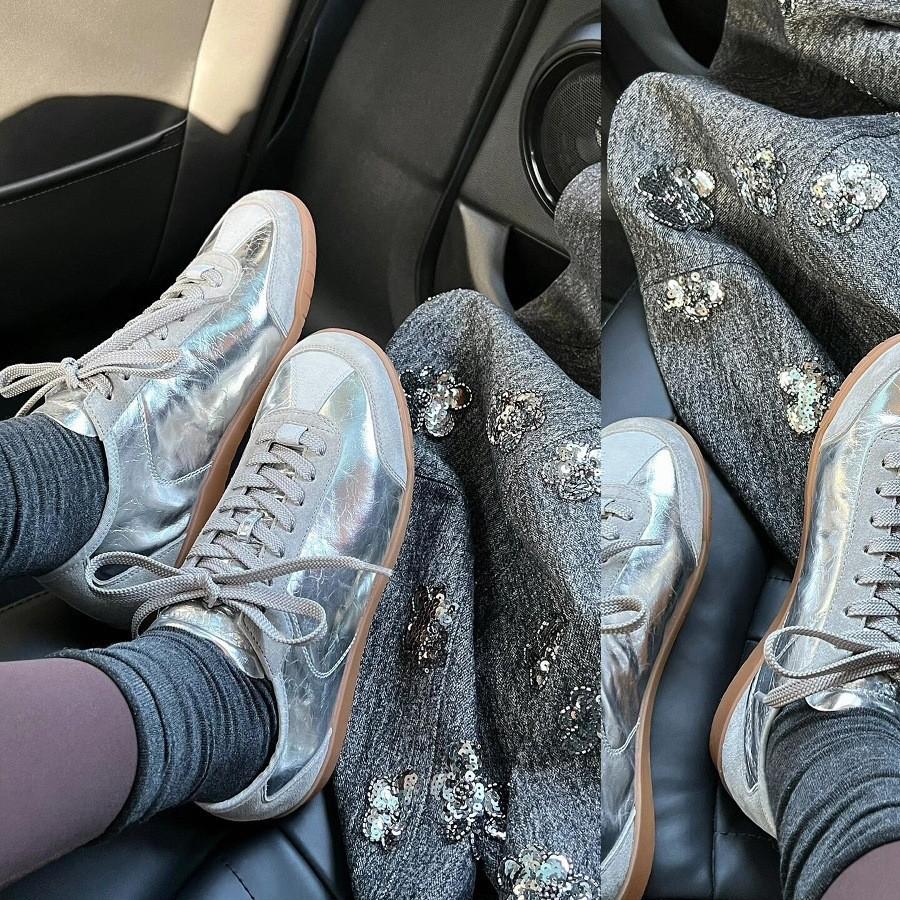 Sheepskin Version Xiaoxiangfeng Genuine Leather Shoes Thick-soled Silver German Training Shoes Women's Lace-up Versatile Single Shoes Casual Sports B