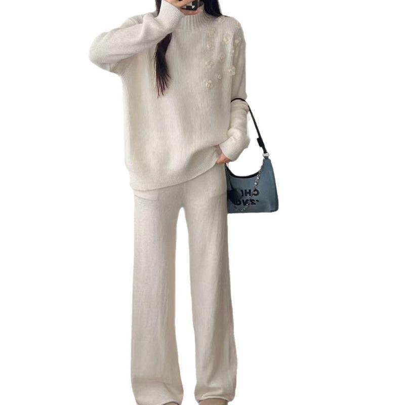 Three-dimensional Flower Bright Silk Sweater Two-piece Set Women's Autumn and Winter New Large-size Wide-leg Pants Half-turtleneck Knitted Set