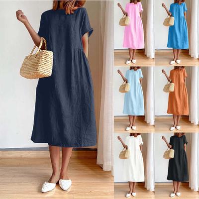 Ladies Cotton Linen Fashion Versatile Solid Color Lunch Break Vacation Daily Dress
