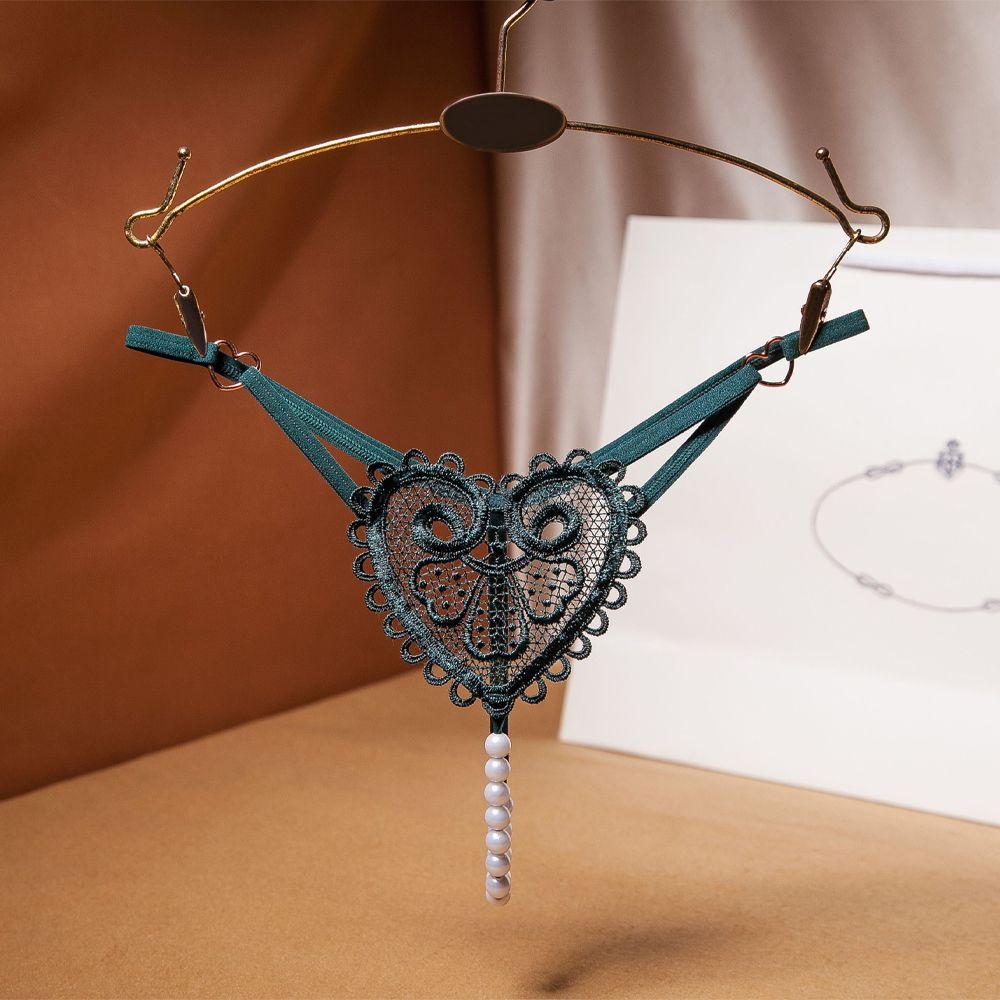 Transparent Sexy Low-Rise Embroidery Love Heart Underwear Thongs Lingerie Pearl Massage Panties