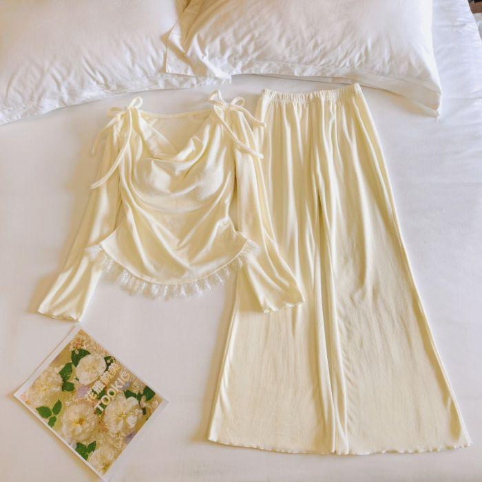 Women's French Lace Floral Long Pajama Set - Sea Island Velvet, Long Sleeve & Pants for Seasons