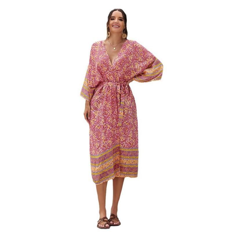Womens Cotton Printed Beach Cover Up Dress With Waist Tie UPF Sun Protection Kimono Style Swimwear Set